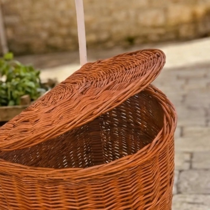 Zoom opening lid brown wicker shopping basket on wheels