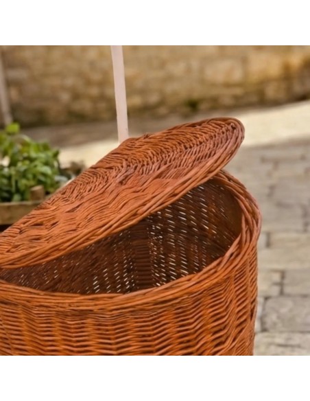 Zoom opening lid brown wicker shopping basket on wheels