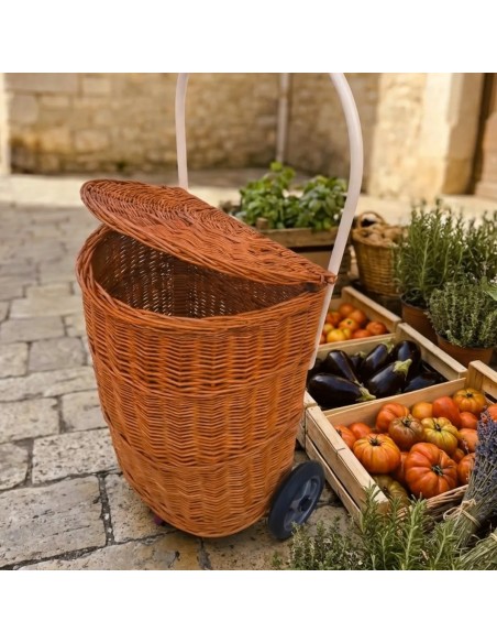 Shopping basket ambiance on wheels in natural brown wicker