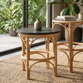 Small rattan cane coffee table from the Gingko collection with white marble-effect laminate top 2