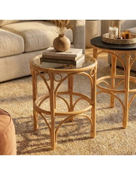 Ambiance petite table en rotin GINGKO plateau en verre