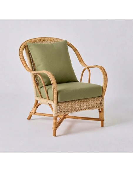 NANTUCKET woven rattan armchair with seaweed-patterned fabric