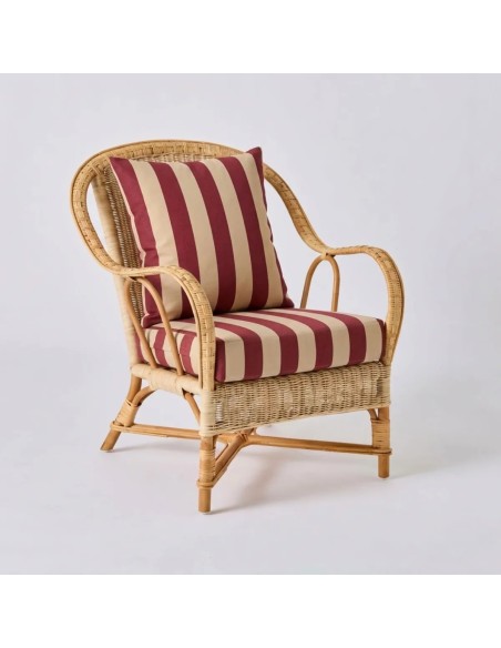 Fauteuil en rotin tressé NANTUCKET avec tissu rayures bordeaux