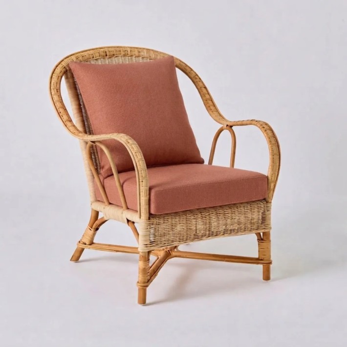 Fauteuil en rotin tressé NANTUCKET avec tissu terra cotta