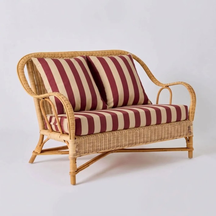Canapé en rotin naturel NANTUCKET collection grand-père tissu rayures bordeaux