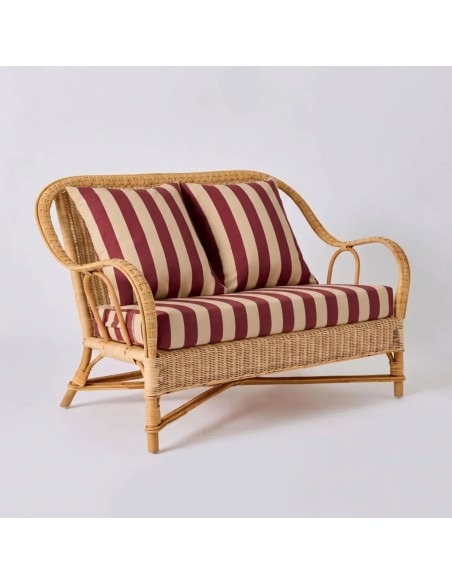 NANTUCKET natural rattan sofa, ‘Grandfather’ collection, in burgundy striped fabric