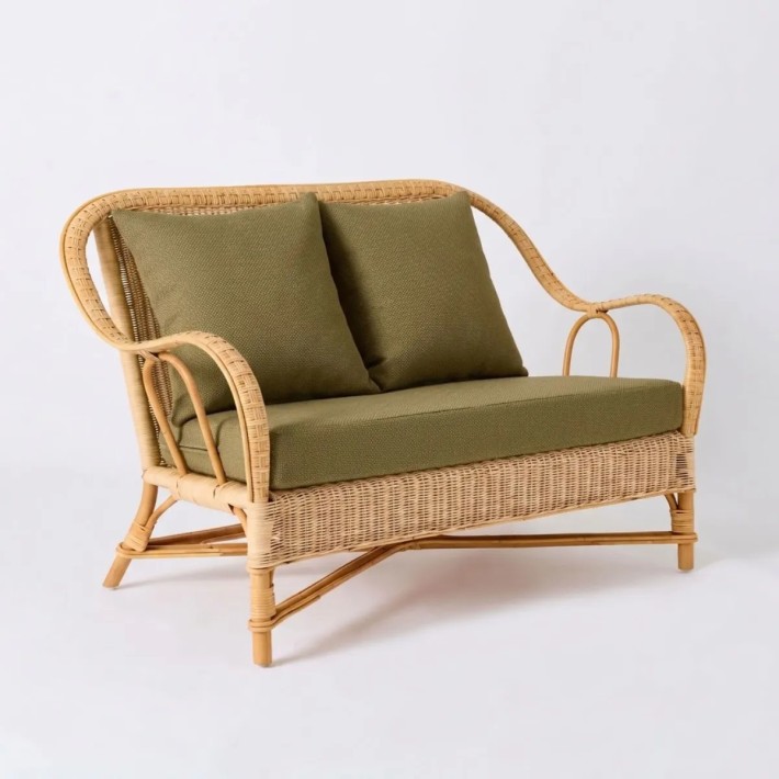 NANTUCKET natural rattan sofa, ‘Grandfather’ collection, in terra cotta fabric