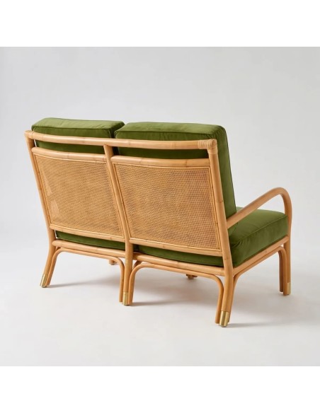 View of the rattan-woven backrest on the RIVIERA 2-seater sofa in green velvet fabric