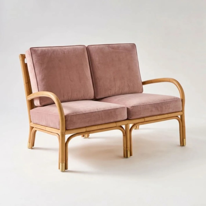 RIVIERA 2-seater rattan sofa in pink velvet