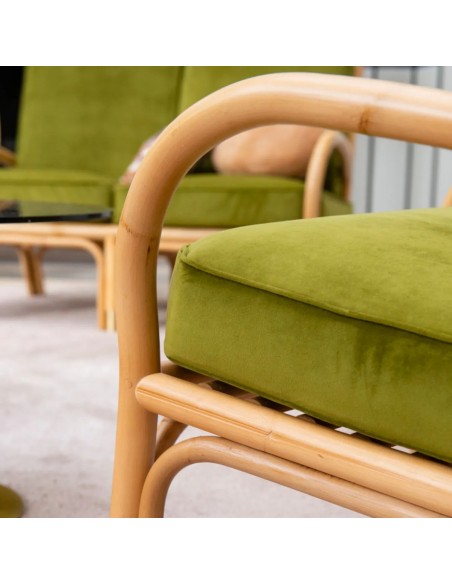 Zoom rattan armrest for the RIVIERA sofa, green velvet fabric