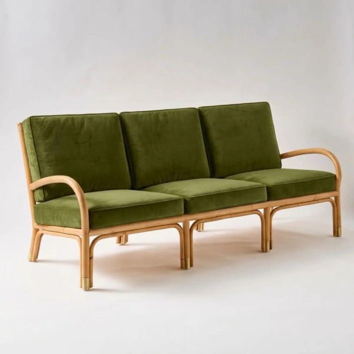 Canapé 3 places en canne de rotin collection RIVIERA  tissu velours vert