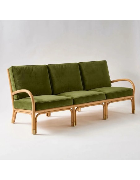 Canapé 3 places en canne de rotin collection RIVIERA  tissu velours vert