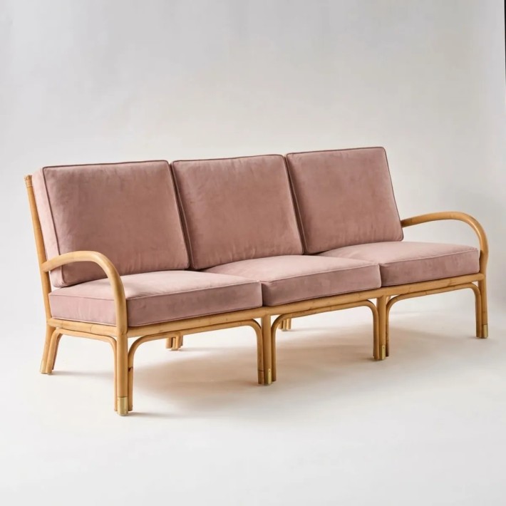 Canapé 3 places canne de rotin collection RIVIERA tissu velours rose