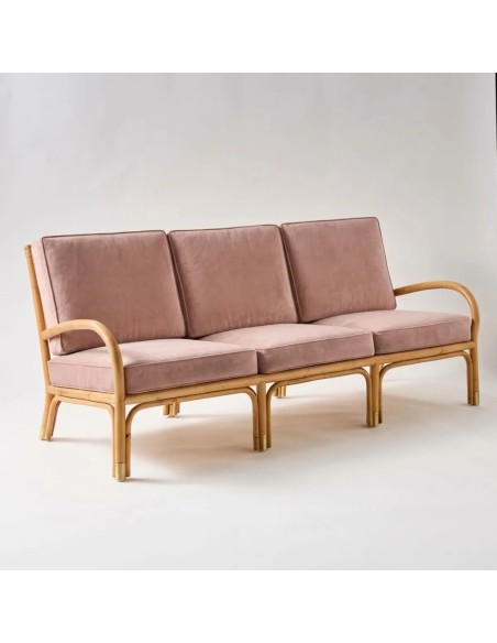 Canapé 3 places canne de rotin collection RIVIERA tissu velours rose