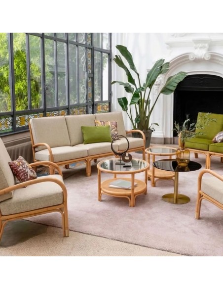 RIVIERA living room set in rattan with grey chenille upholstery