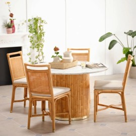 Table de repas ronde de diamètre 120 en rotin avec plateau stratifié effet marbre blanc 2