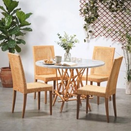 Table Mikado pied en rotin avec plateau stratifié effet marbre blanc 2