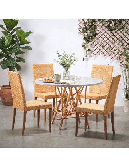 MIKADO-style table with a rattan base and a white marble-effect laminate top