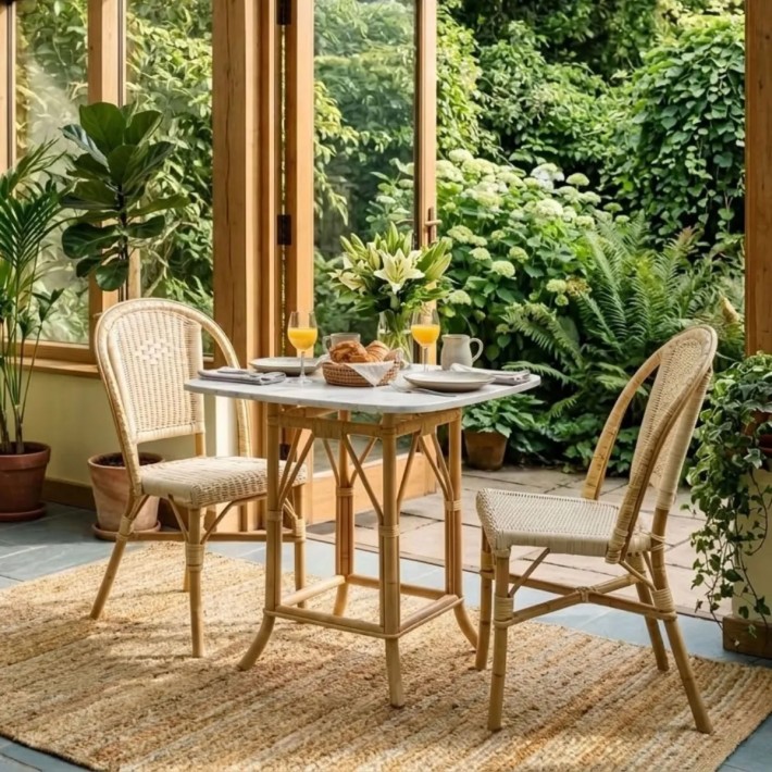 EUGENIE table set with a square laminated top in a white marble-effect finish
