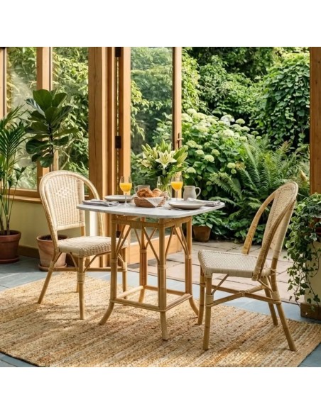 EUGENIE table set with a square laminated top in a white marble-effect finish
