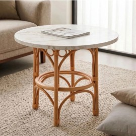 Gingko collection rattan cane coffee table with white marble-effect laminate top, diameter 70 centimetres 2