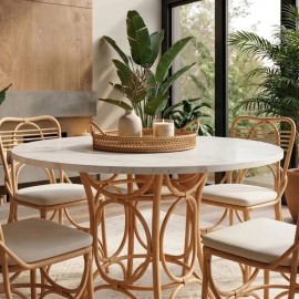 Table de repas Gingko pied canne de rotin et plateau stratifié effet marbre blanc 2