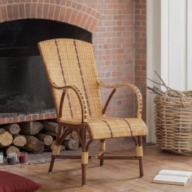 Fauteuil haut dossier en rotin Bagatelle avec tressage liseré rouge 2